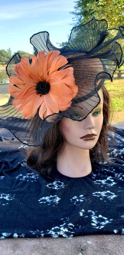 Burnt Orange Black Fascinator. Derby Race Bridal Church Hat. Orange Wedding Mini Hat. Costume Feather Hair Head Accessory.Orange Headpiece