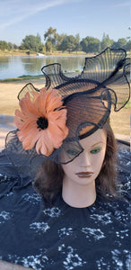Burnt Orange Black Fascinator. Derby Race Bridal Church Hat. Orange Wedding Mini Hat. Costume Feather Hair Head Accessory.Orange Headpiece