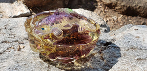 Custom Resin Koi Golden Fish in a pond with real dried flowers Paperweight. Crystal clear resin souvenir paperweight keepsake Feng Shui