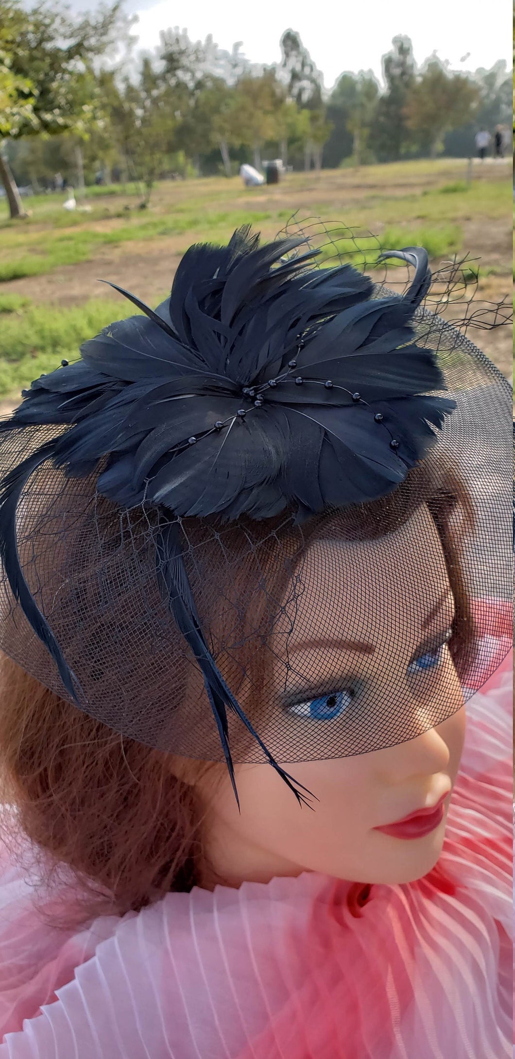 Black Fascinator Derby Race Bridal Church Hat. Wedding Tea Party Mini Hat.Costume Feather Hair Clip Head Accessory.Headpiece.Funeral Hat.