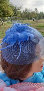 Royal Blue Fascinator Derby Race Bridal Church Hat. Wedding Tea Party Mini Hat.Costume Feather Hair Clip Head Accessory.Headpiece