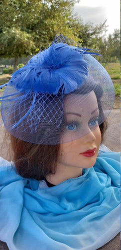 Royal Blue Fascinator Derby Race Bridal Church Hat. Wedding Tea Party Mini Hat.Costume Feather Hair Clip Head Accessory.Headpiece