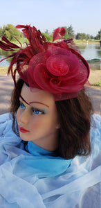 Burgundy Red Sinamay Fascinator Derby Race Bridal Church Hat. Wedding Tea Party Mini Hat.Costume Feather Hair Clip Head Accessory.Headpiece