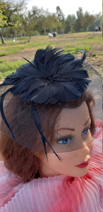 Black Blue Fascinator Wedding Bridal Church Hat. Wedding Tea Party Mini Hat.Costume Feather Hair Clip Head Accessory.Headpiece.Funeral hat
