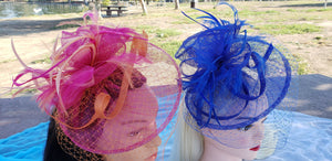 Pink Blue Sinamay Fascinator. Birdcage Veil Bridal Church Hat. Wedding Mini Hat. Costume Feather Hairband Accessory.Headpiece