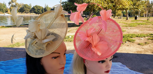 Coral Pink Sinamay Fascinator. Derby Race Bridal Church Hat. Black Funeral Mini Hat. Costume Feather Hairband Head Accessory.Headpiece