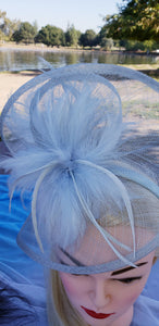 Navy Blue Sinamay Fascinator. Derby Race Bridal Church Hat. Black Funeral Mini Hat. Costume Feather Hairband Head Accessory.Headpiece