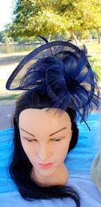 Navy Blue Sinamay Fascinator. Derby Race Bridal Church Hat. Black Funeral Mini Hat. Costume Feather Hairband Head Accessory.Headpiece