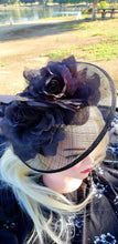 Black Sinamay Fascinator. Derby Race Bridal Church Hat. Black Funeral Mini Hat. Costume Feather Hair Clip Head Accessory.Headpiece