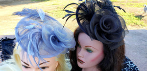 Black Silver Gray Sinamay Fascinator. Derby Bridal Church Hat. Black Funeral Mini Hat. Costume Feather Hair Clip Head Accessory.Headpiece