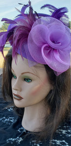 Purple Violet Sinamay Fascinator. Derby Race Bridal Church Hat. Purple Wedding Mini Hat. Costume Feather Hair Clip Head Accessory.Headpiece