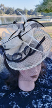 Nude Cream Navy Blue Sinamay Fascinator. Birdcage Veil Bridal Church Hat. Wedding Mini Hat. Costume Feather Hairband Accessory.Headpiece