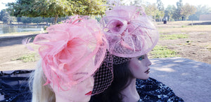 Pink Coral Light Sinamay Fascinator. Birdcage Veil Bridal Church Hat. Wedding Mini Hat. Costume Feather Hairband Accessory.Headpiece