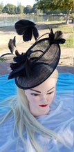 Black Sinamay Fascinator. Derby Race Bridal Church Hat. Black Funeral Mini Hat. Costume Feather Hairband Head Accessory.Headpiece