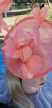 Coral Pink Sinamay Fascinator. Derby Race Bridal Church Hat. Black Funeral Mini Hat. Costume Feather Hairband Head Accessory.Headpiece