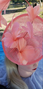 Coral Pink Sinamay Fascinator. Derby Race Bridal Church Hat. Black Funeral Mini Hat. Costume Feather Hairband Head Accessory.Headpiece