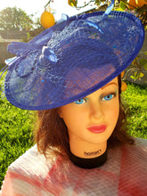 Blue Sinamay Fascinator. Derby Race Bridal Church Hat. Royal Blue Funeral Mini Hat. Costume Feather Hairband Head Accessory.Headpiece