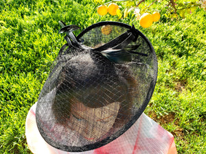 Black Sinamay Fascinator. Derby Race Bridal Church Hat. Black Funeral Mini Hat.Costume Feather Hairband Head Accessory.Headpiece