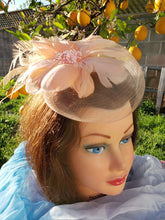 Orange Coral Pink Fascinator. Derby Race Bridal Church Hat. Orange Funeral Mini Hat. Costume Feather Hair Head Accessory.Headpiece