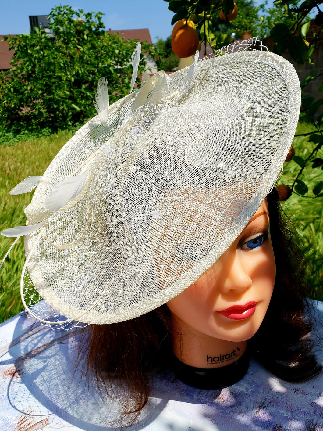 Pale Nude Sinamay Fascinator. Derby Race Bridal Church Hat. Funeral Mini Hat. Costume Feather Hairband Head Accessory.Headpiece