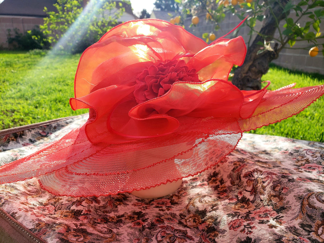 Red Crinoline Tulle Breathable Women Summer Sun Hat Kentucky Derby polyester feather wide brim floral women hats Wedding Fascinators