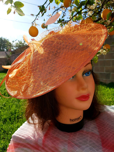 Burnt Orange Sinamay Fascinator. Derby Race Bridal Church Hat. Orange Funeral Mini Hat. Costume Feather Hairband Head Accessory.Headpiece