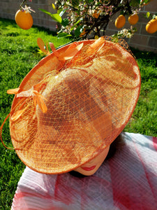 Burnt Orange Sinamay Fascinator. Derby Race Bridal Church Hat. Orange Funeral Mini Hat. Costume Feather Hairband Head Accessory.Headpiece