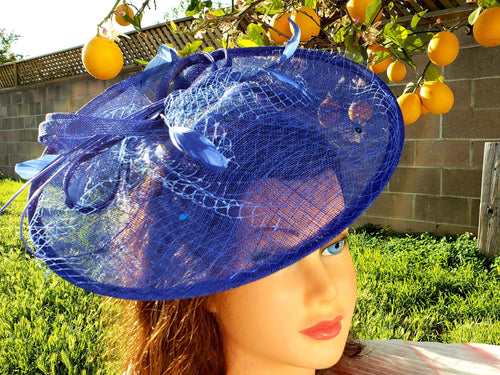 Blue Sinamay Fascinator. Derby Race Bridal Church Hat. Royal Blue Funeral Mini Hat. Costume Feather Hairband Head Accessory.Headpiece