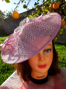 Pink Blush Purple Violet Sinamay Fascinator.Derby Race Bridal Church Hat. Funeral Mini Hat.Costume Feather Hairband Head Accessory.Headpiece
