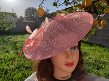 Coral Blush Pink Sinamay Fascinator. Derby Race Bridal Church Hat. Funeral Mini Hat. Costume Feather Hairband Head Accessory.Headpiece