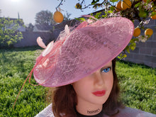 Coral Blush Pink Sinamay Fascinator. Derby Race Bridal Church Hat. Funeral Mini Hat. Costume Feather Hairband Head Accessory.Headpiece