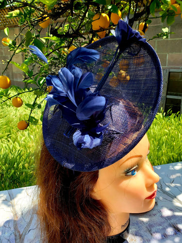 Navy Blue Sinamay Fascinator. Derby Race Bridal Church Hat. Black Funeral Mini Hat. Costume Feather Hairband Head Accessory.Headpiece