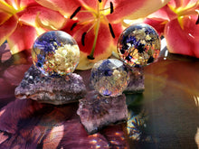 Resin Paperweight Orb Sphere with a real flowers in on a real Purple Amethyst Cluster stone stand Meditation Healing Stones Chakras Keepsake