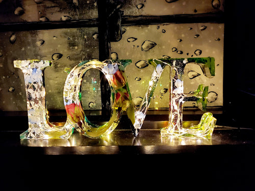 Preserving wedding Flowers Petals in Resin Love Sign Keepsake Sweet memories of your wedding, funeral, anniversary. Fairy Lights
