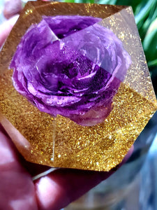Purple Rose Flowers Crystals Paperweight. Crystal Point Tower Paperweight Keepsake. Love Forever. Preserved Rose Flowers.Dried rose