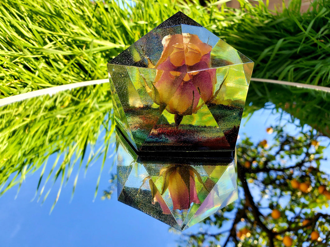 Resin Yellow Pink Rose Flowers Crystals Paperweight.Beauty and the Beast Paperweight Keepsake Love Forever.Preserved Rose Flowers. Crystals.