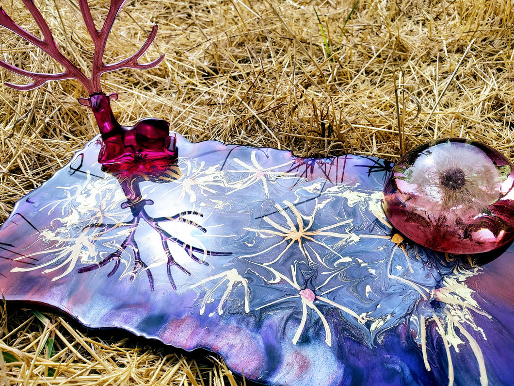 Resin Vanity Tray Platter.Blue Red Gold Jewelry Tray Organizer. Acrylic Painting Art. Deer Ring Holder. Dandelion Paperweight Vanity Tray.