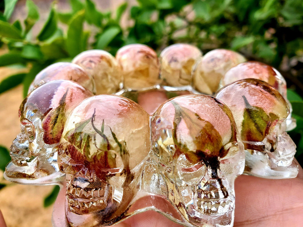Resin White/Pink Rose Skull Ring Dish Paperweight Keepsake. Rose Jewelry Organizer Paperweight.Rose Skull Vanity Tray.Scull Ashtray.Wedding