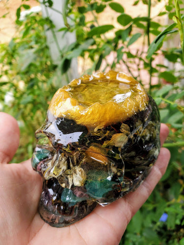 Custom Resin Skull Botanical Candle Holder Paperweight Keepsake. Preserving Funeral flowers. Skull Paperweight Keepsake. Flower Skull