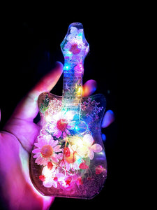 Custom Preserved wedding Flowers Petals in Guitar Resin Keepsake memories of your anniversary. Fairy Lights Lamp.