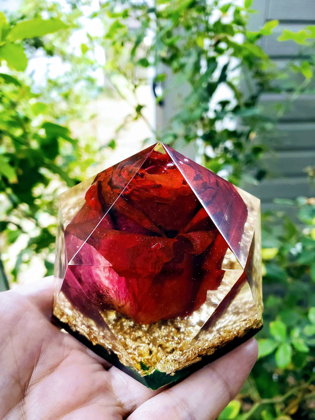 Custom Preserved rose in resin crystal paperweight.