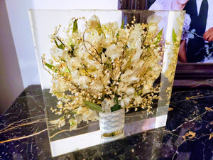Wedding Bridal Flowers preservation. Funeral Memorial Service Flowers Resin block.