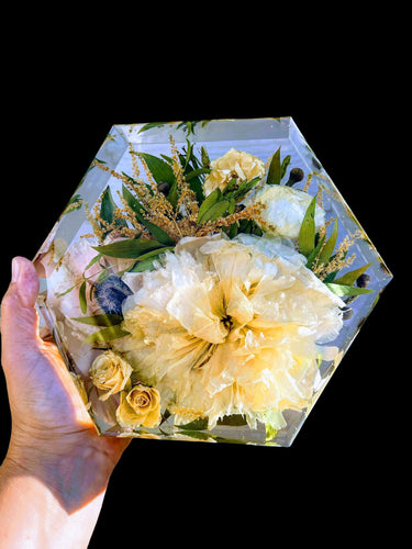 Wedding Bridal Bouquet Preservation, wedding anniversary , memorial funeral arrangement floral. Resin Block Hexagon.