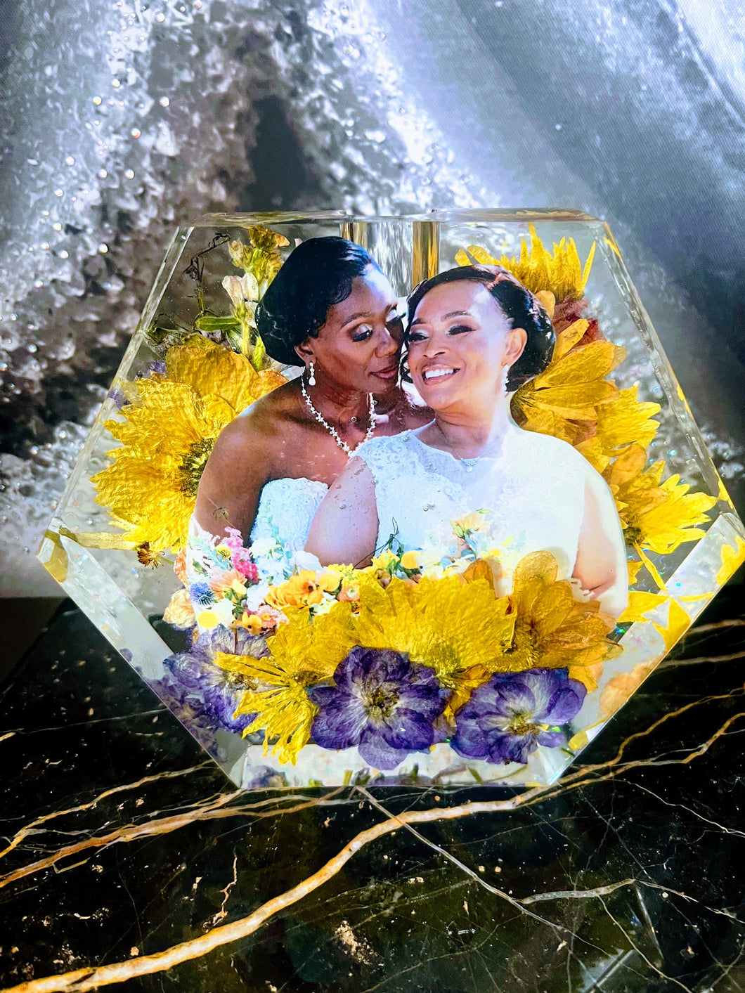 Wedding Bridal Bouquet Preservation, wedding anniversary , memorial funeral arrangement floral. Resin Block Hexagon.