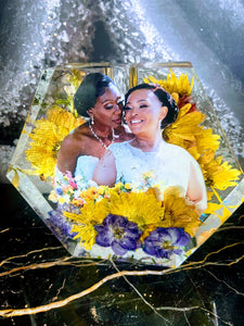 Wedding Bridal Bouquet Preservation, wedding anniversary , memorial funeral arrangement floral. Resin Block Hexagon.