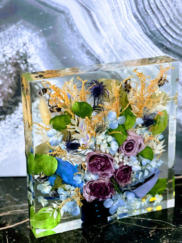 Wedding Bridal Flowers preservation. Funeral Memorial Service Flowers Resin block.