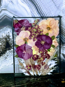 Floral Preservation Glass Frame, Wedding Bridal Flowers, Wedding, Funeral Pressed Flowers, Keepsake. Hanging Metal Glass Frame Décor