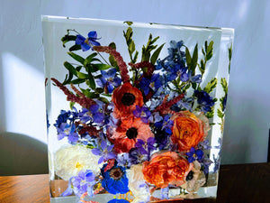 Wedding Bridal Flowers preservation. Funeral Memorial Service Flowers Resin block.