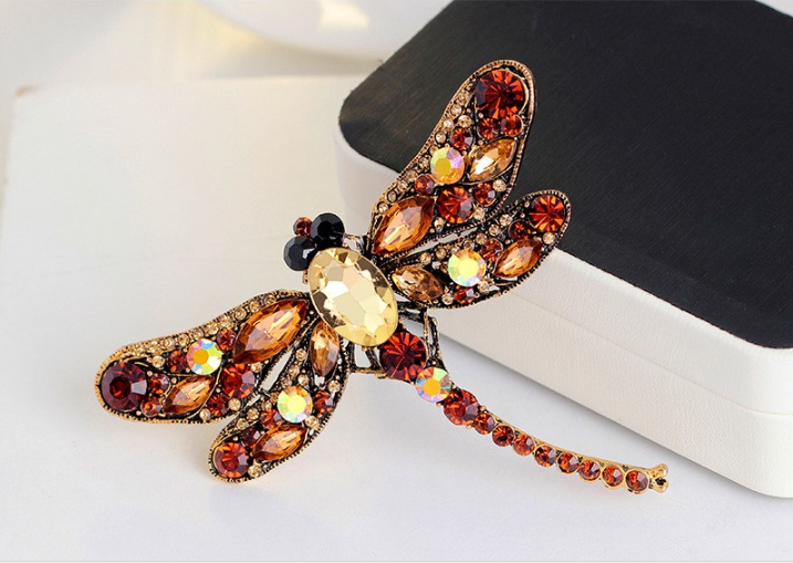 Amber Gold Vintage Design Crystal Rhinestone Dragonfly Brooches for Women  Dress Scarf Brooch Pins Jewelry Accessories Gift. Large brooch.